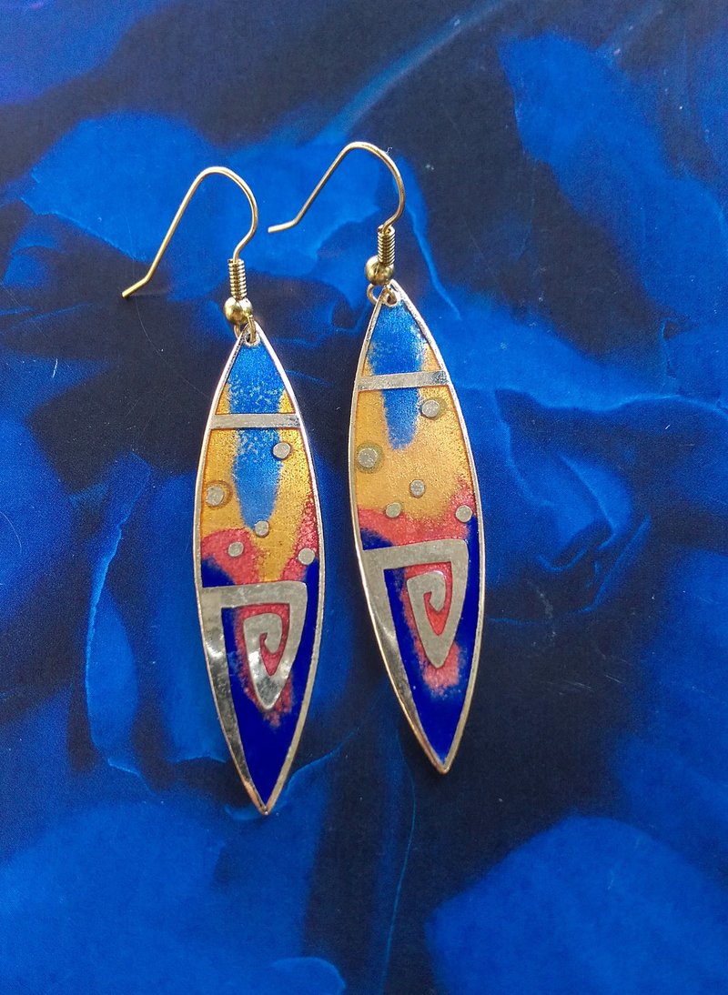 【西洋古董飾品 】景泰藍 長馬眼 普普 大耳環 耳勾針 針式耳環 - 耳環/耳夾/耳骨夾 - 其他材質 金色