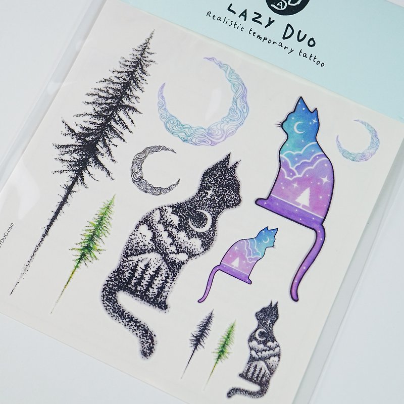 LAZY DUO水彩刺青紋身貼紙治癒貓咪星空月亮棕櫚樹木森林銀河夢幻 - 紋身貼紙 - 紙 紫色