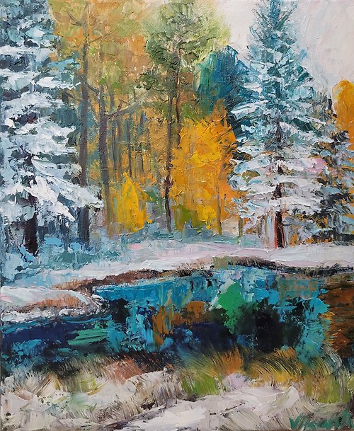 Vikenty Art Shop Winter Landscape Original Oil Painting on Canvas Winter Forest Impasto Painting