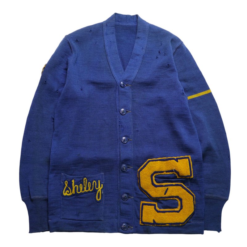 50's Wool Letterman Sweater S Patch Cardigan campus sweater - Men's Sweaters - Wool Blue