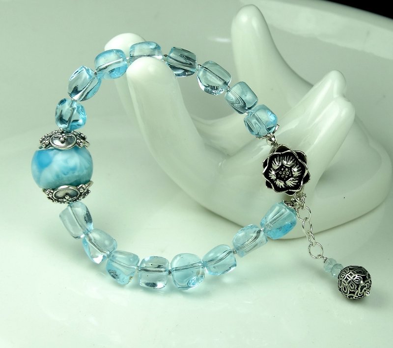 手鍊 藍 拓帕石 拉利瑪 海紋石 海藍寶 手珠 925銀飾 蓮花 寶石 - 手鍊/手環 - 寶石 藍色