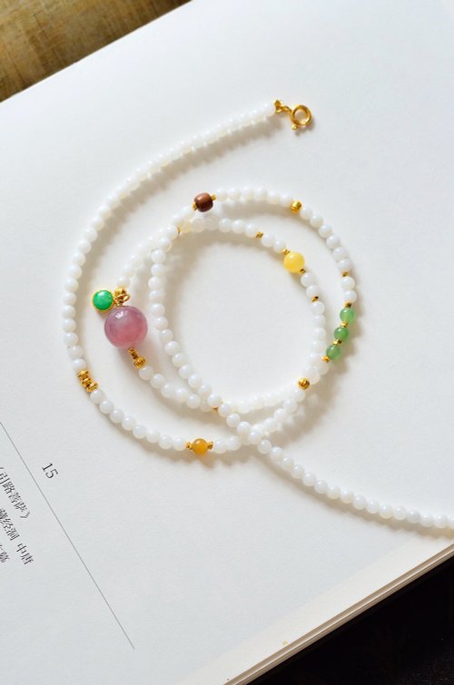 Angel's tears 天使之淚 Jewelry Design 天然和田玉-俄料白玉 粉水晶翡翠滴溜碧玉設計多圈手串項鍊s