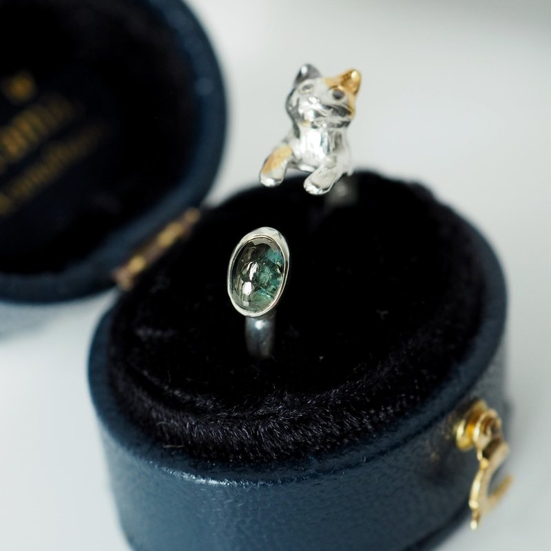 Calico cat and blue tourmaline silver ring - แหวนทั่วไป - เงินแท้ สีเงิน