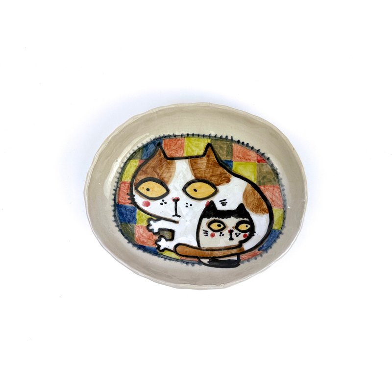 Nice Little Clay Oval Plate Cute Cat 0302-60 - จานและถาด - ดินเผา ขาว