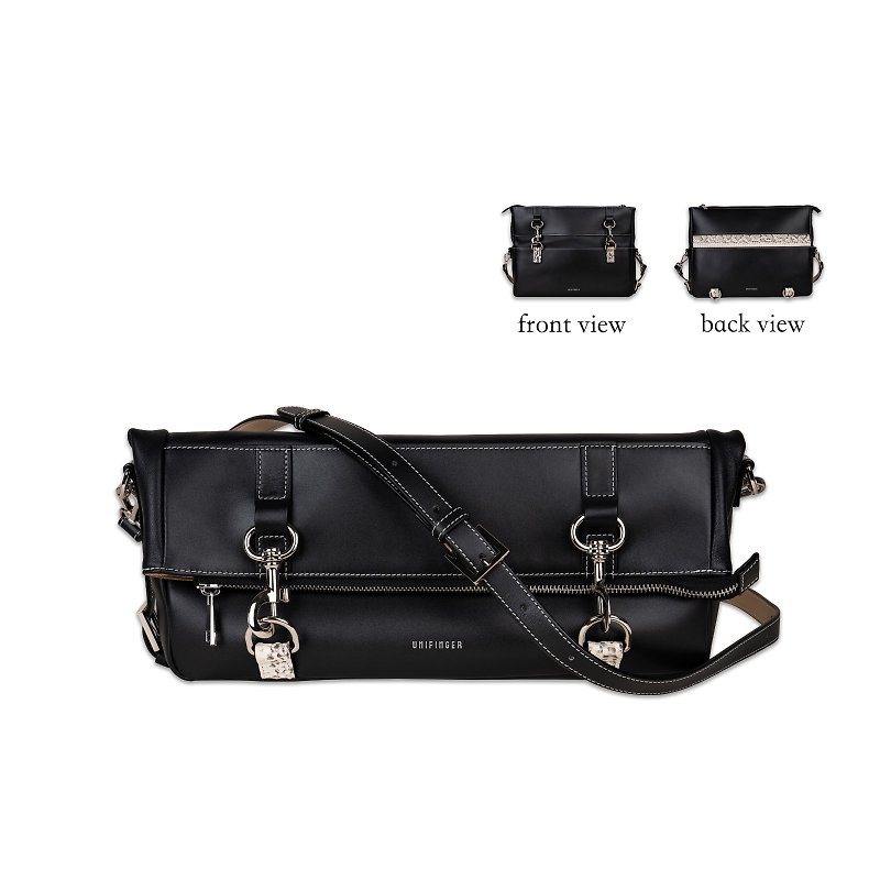 Luna Series/Black Variant Big Bag Full Grain Calfskin and Raw Snakeskin Foldable Reversible Backpack - Messenger Bags & Sling Bags - Genuine Leather Black
