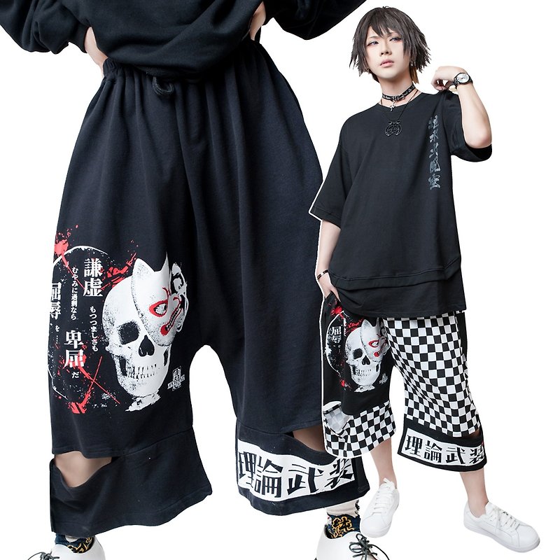 Harajuku oriental anime mask of demon fox zippered capri wide leg pants【JAG0096】 - Unisex Pants - Cotton & Hemp Black