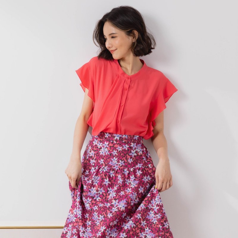 【MEDUSA】非対称プリーツフリルシフォンシャツ-ピーチ（M-XL）|レディースシフォントップス - トップス - その他の素材 ピンク