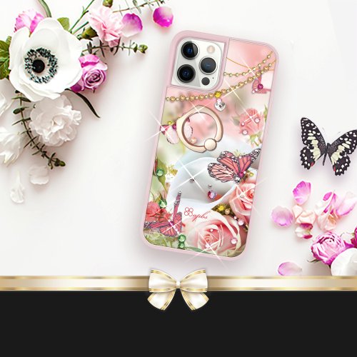 apbs 雅品仕 水晶彩鑽手機殼 iPhone 12全系列 水晶彩鑽減震指環扣手機殼-典雅蝴蝶
