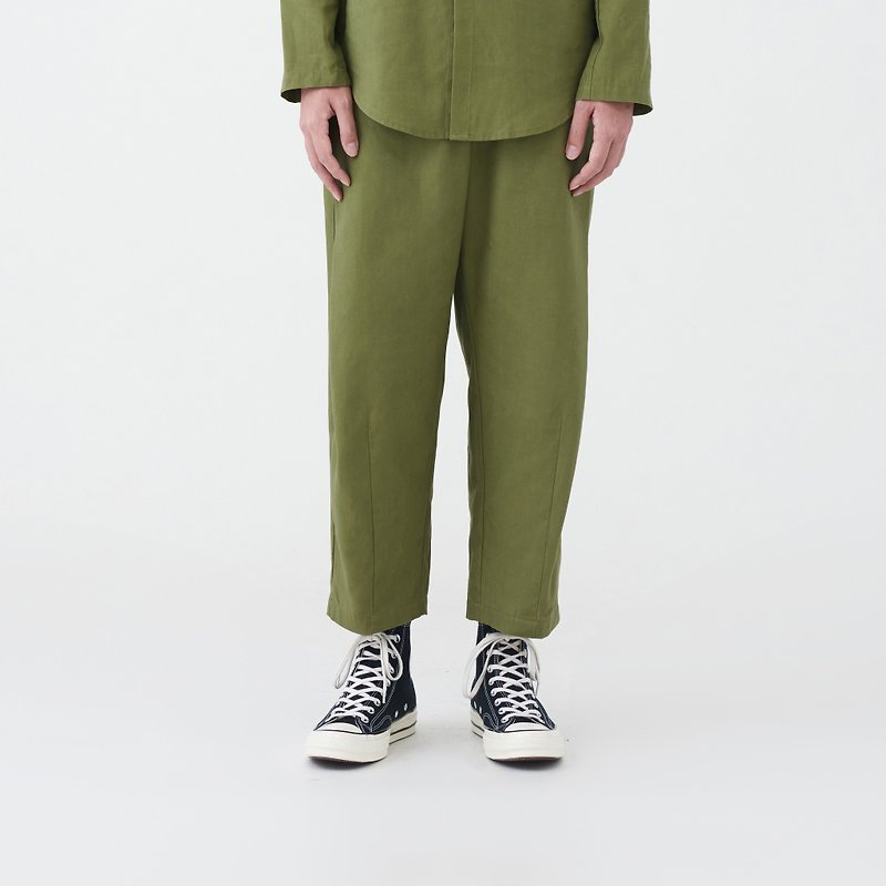 wide-leg side-pleat pants - กางเกงขายาว - ผ้าฝ้าย/ผ้าลินิน สีเขียว