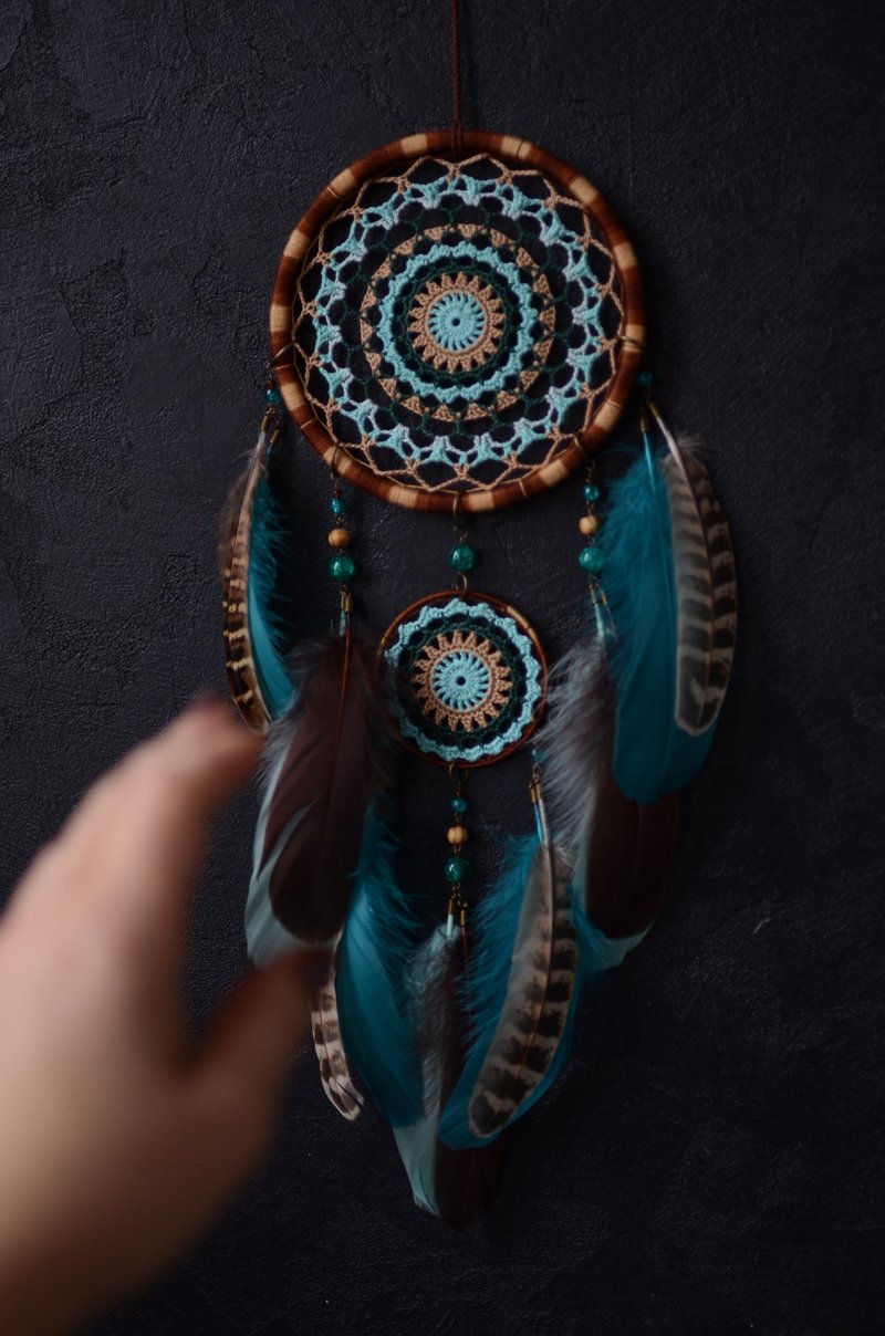 Teal brown Mandala dreamcatcher | turquoise Dream catcher wall hanging นักล่าฝัน - 壁貼/牆壁裝飾 - 繡線 咖啡色