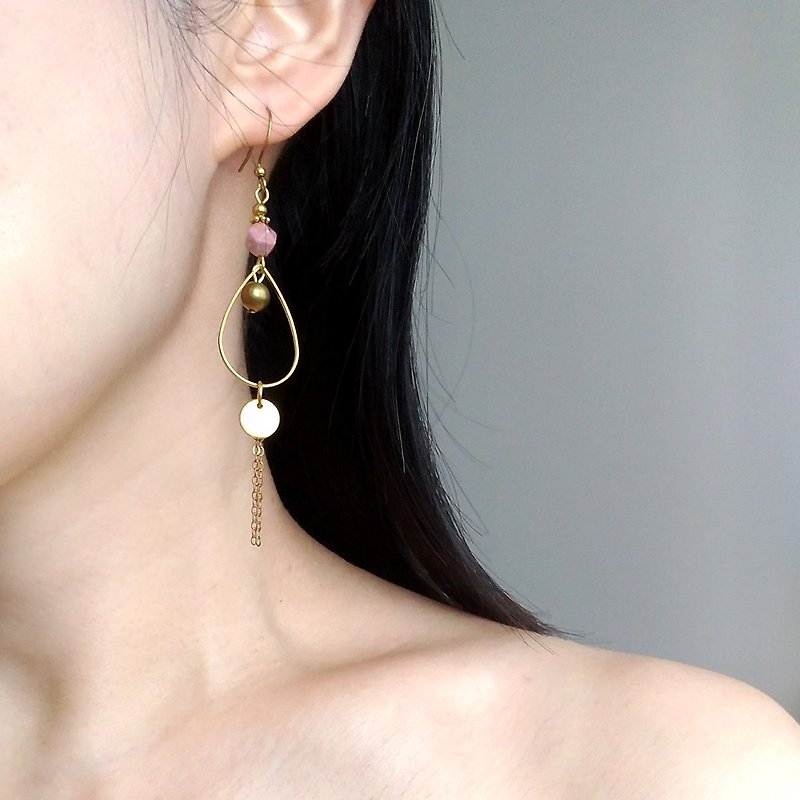 e091波希米亞1-黃銅 玫瑰石 針式夾式耳環 - 耳環/耳夾 - 銅/黃銅 粉紅色