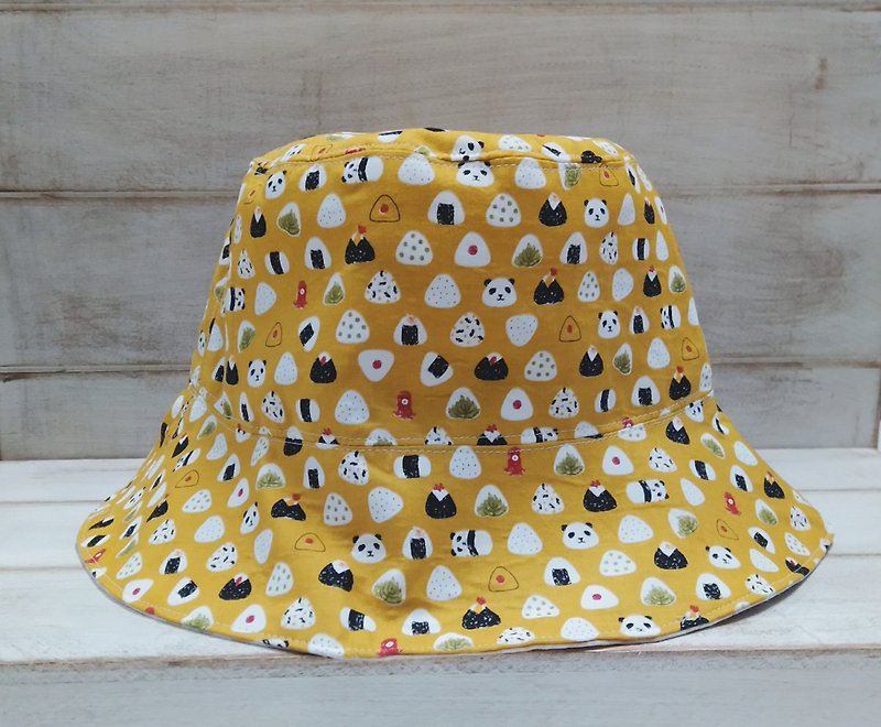 Mustard yellow panda rice balls & beige checkered double fisherman hat sun hat - หมวก - ผ้าฝ้าย/ผ้าลินิน สีเหลือง