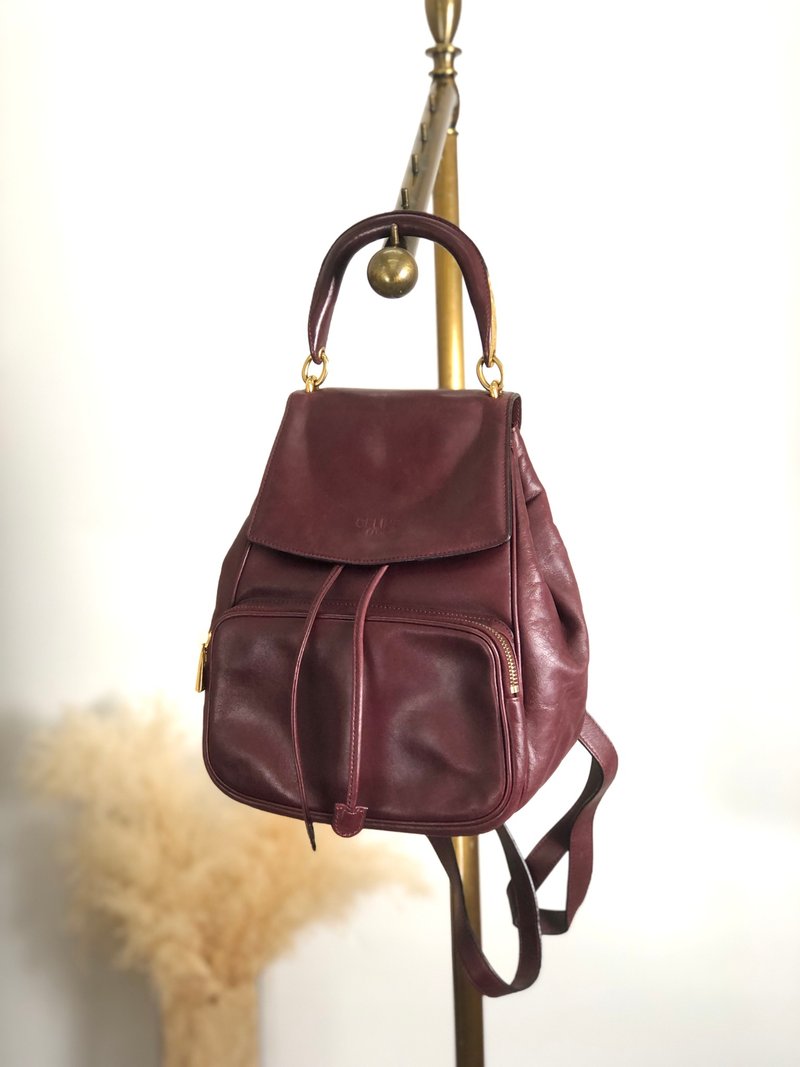 【 日本直送　名牌中古包 】CELINE セリーヌ バックパック ボルドー スターボール ロゴ レザー リュック vintage ヴィンテージ bgtrbn - 後背包/背包/書包 - 真皮 紅色