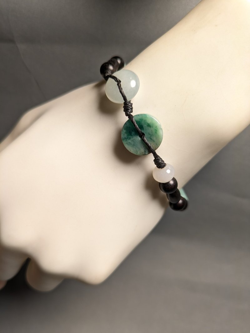天然緬甸冰種鼓珠桶珠綠飄花平安扣翡翠 檀木珠 銀配件 手工製 - 手鍊/手環 - 寶石 綠色