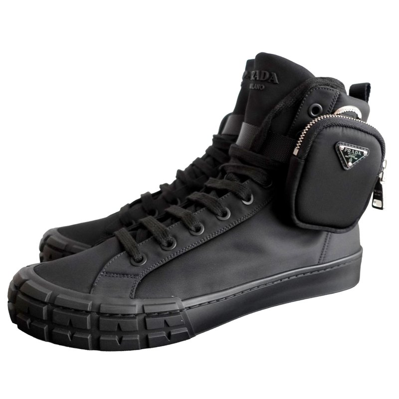 靴のサイズ 9/US 43 イタリア製PRADAブラックナイロンミドルブーツ 取り外し可能なジッパー付きミニポーチ2個付属 - メンズ ブーツ - 革 ブラック