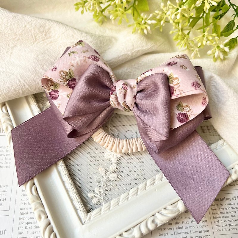 Elegant and pretty small floral bow hair tie/purple lotus root - เครื่องประดับผม - วัสดุอื่นๆ สีม่วง