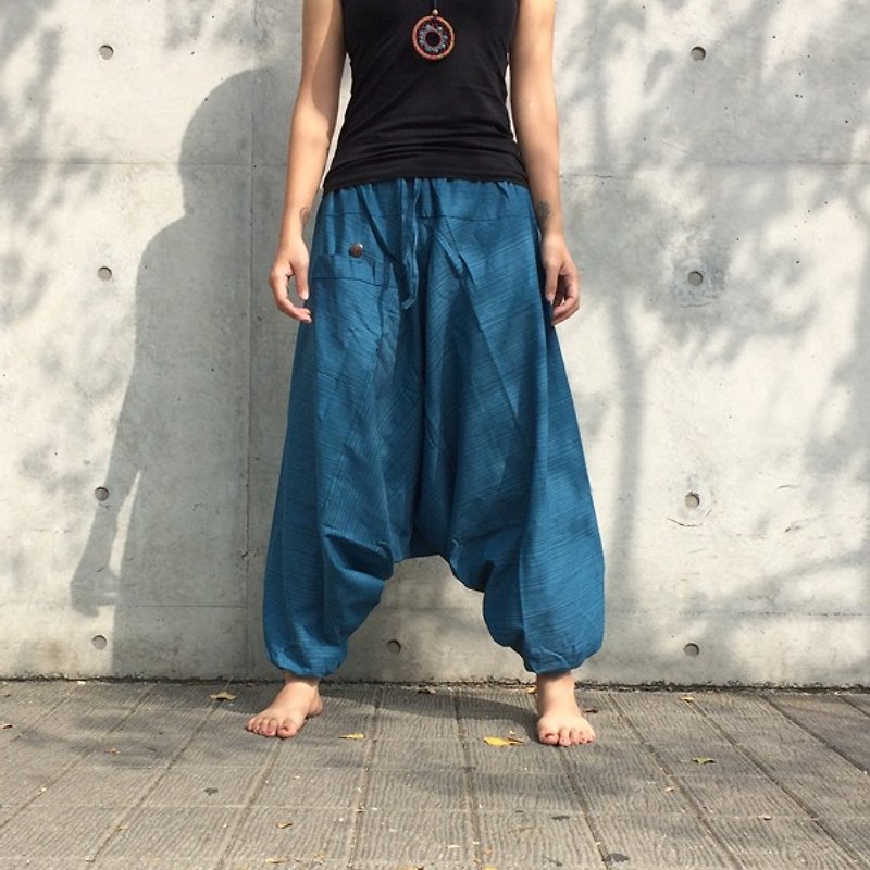 旅行褲-阿里巴巴褲 (海藍)(單口袋)(條紋棉麻) - 女長褲 - 棉．麻 藍色