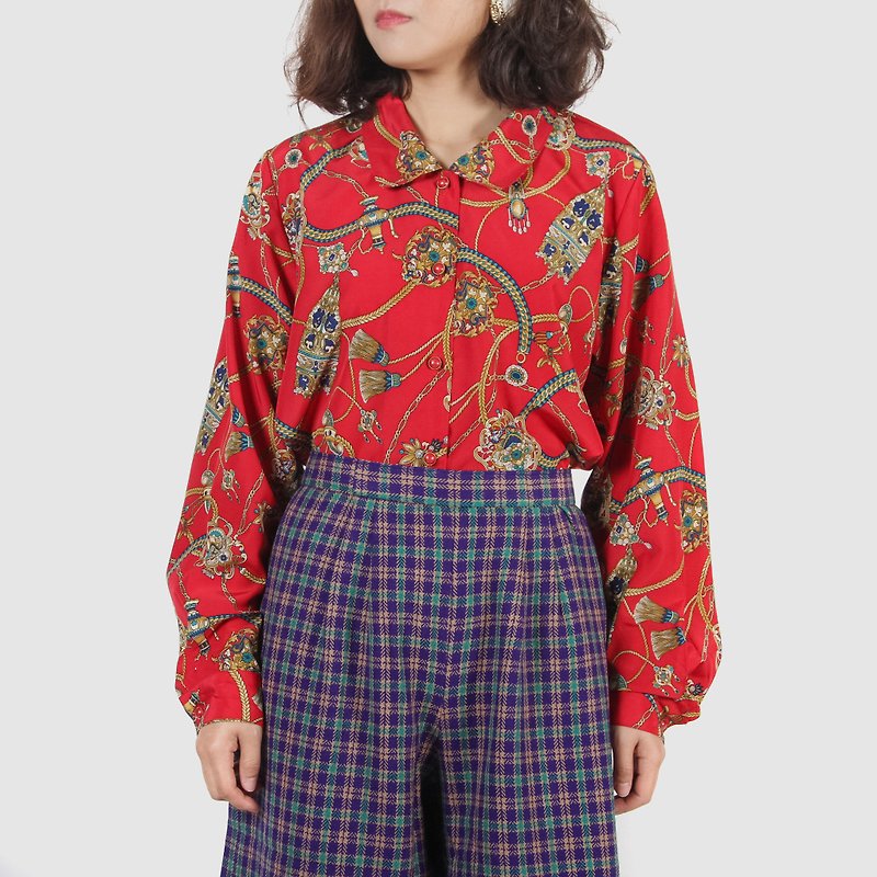 [Egg Plant Vintage] Eastern European Treasure Print Vintage Shirt - Women's Shirts - Polyester Red