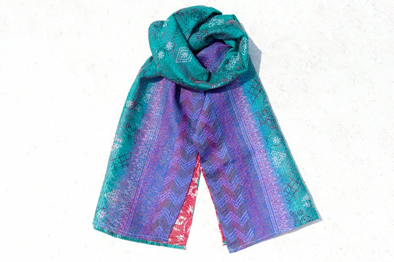 Limited one hand sewn yarn cloth scarf / embroidery scarves / embroidery scarves / hand sewn sari scarf - blue sky colorful sky - ผ้าพันคอ - ผ้าไหม หลากหลายสี