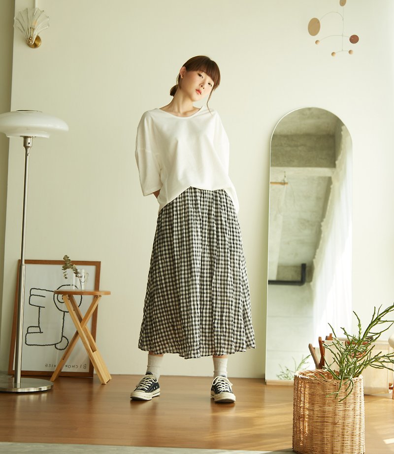 棉．麻 裙子/長裙 黑色 - Cotton Paneled Plaid Skirt