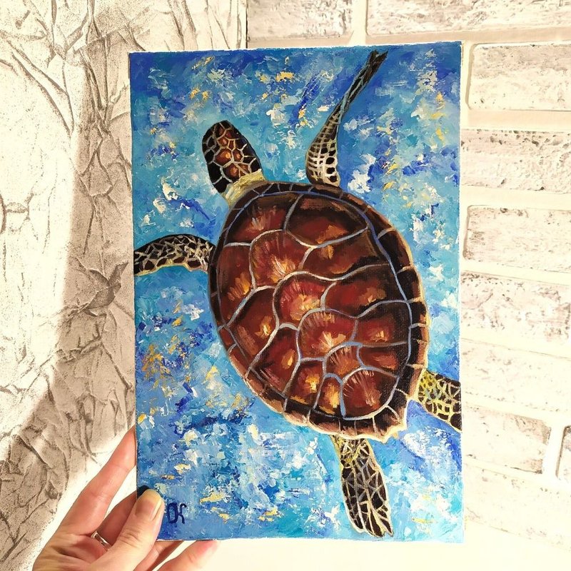 Turtle Painting Sea creatures Hanging Pictures Sea Original Oil Painting 烏龜油畫 - ตกแต่งผนัง - วัสดุอื่นๆ หลากหลายสี