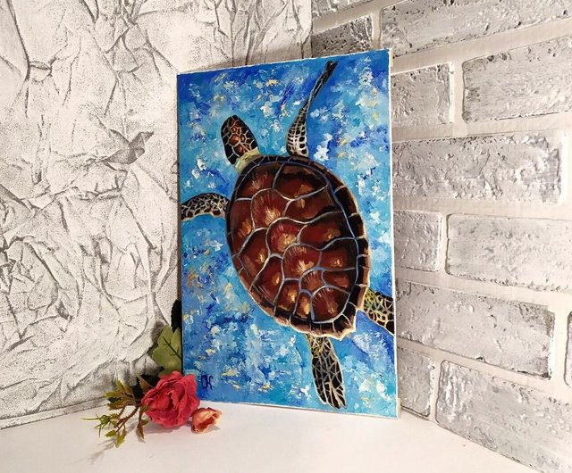 亀の絵海の生き物ぶら下がっている写真海のオリジナルの油絵烏龜