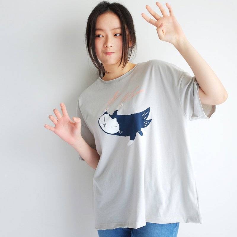 抓抓貓- 純棉Tshirt - 女上衣/長袖上衣 - 棉．麻 藍色