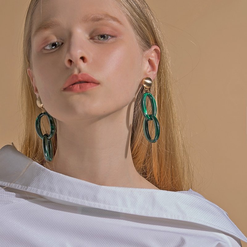 Green Marble Link Earrings / Ear Clips - Earrings & Clip-ons - Acrylic Green