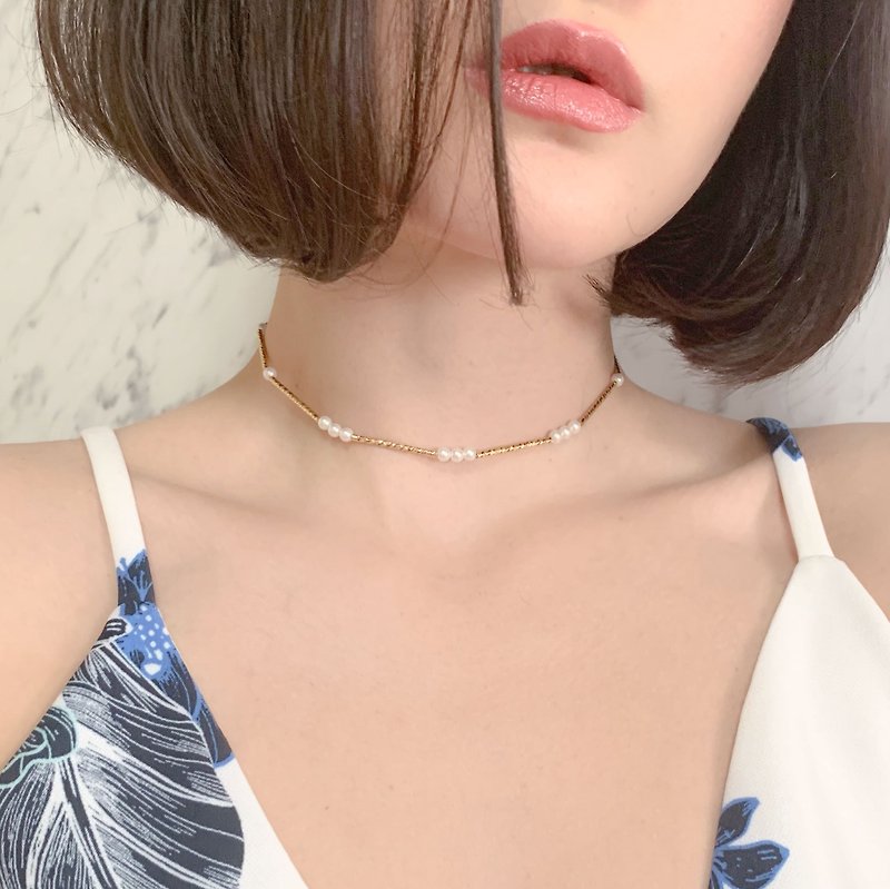 G Pearl and pipe choker necklace SV249G - Necklaces - Other Metals Gold