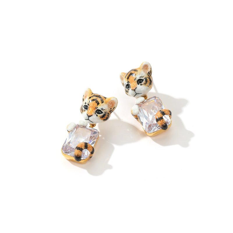 Tiger large Stone handmade enamel earrings ~ ear pins only - Earrings & Clip-ons - Enamel 