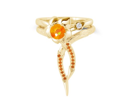 Majade Jewelry Design 火歐泊14k鑽石訂婚結婚戒指套裝 花卉黃金戒指組合 蘭花藤蔓戒指