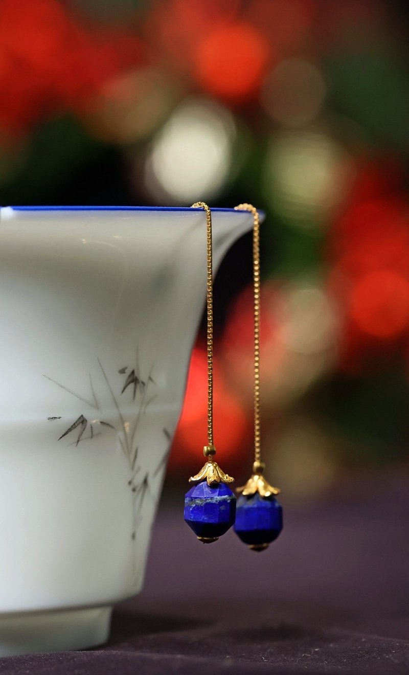 925 Silver K Gold Plated Lapis Lazuli Earrings - ต่างหู - เครื่องเพชรพลอย 