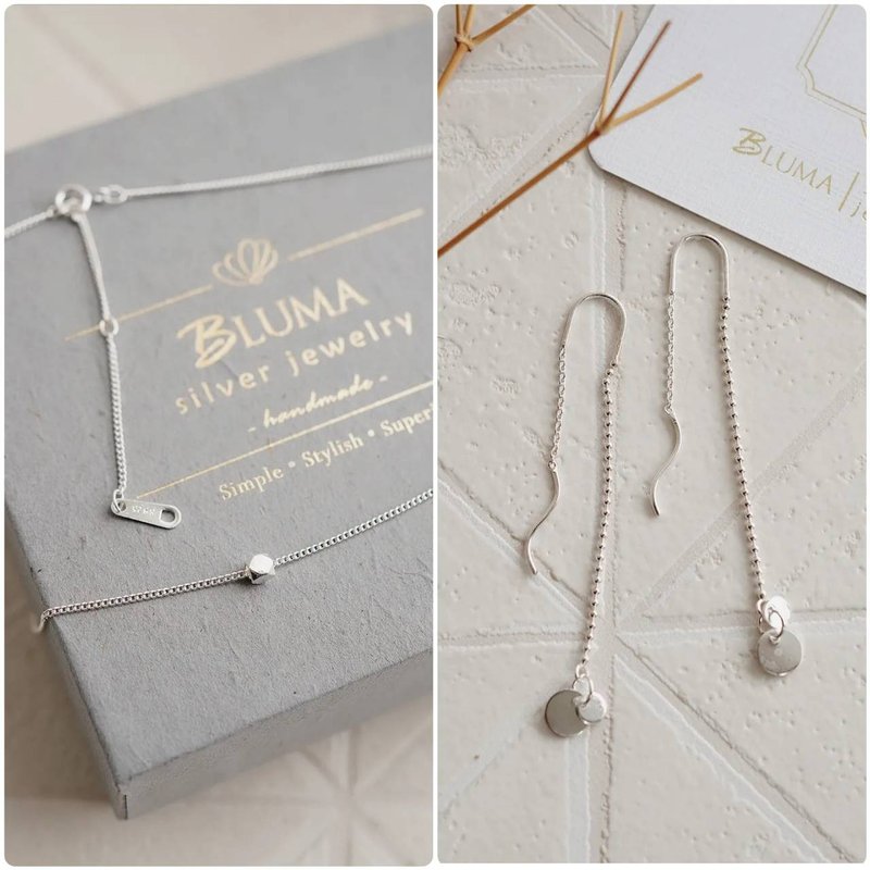 [Christmas Gift Set of 2] To Simple You Sterling Silver Necklace Earrings Dangle Earrings Clavicle Chain Gift Box - สร้อยคอทรง Collar - เงินแท้ สีเงิน