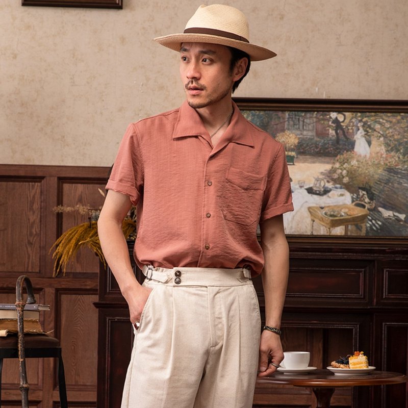SOARIN輕薄棉質古巴領素面休閒襯衫(2321C44) - 男襯衫/休閒襯衫 - 棉．麻 橘色
