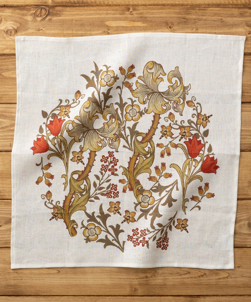 大きめリネンハンカチ ウィリアムモリス柄 43×43cm 08. White - Golden Lily - 其他 - 其他材質 多色