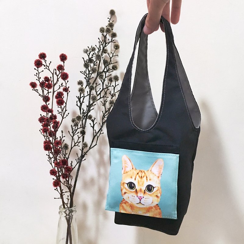 Double-sided water repellent environmental protection beverage cup bag-orange cat (optional color) - Handbags & Totes - Other Man-Made Fibers Multicolor