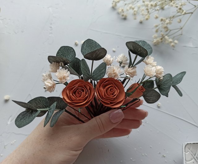 Sage green wedding eucalyptus terracotta hair pins Fall flower rose hair  clip - Shop AlenaWedding Hair Accessories - Pinkoi