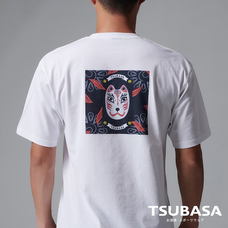 YAMATO聯名款 圓領白T-shirt 稻荷圖案 情侶裝 短袖 - 男 T 恤 - 棉．麻 白色