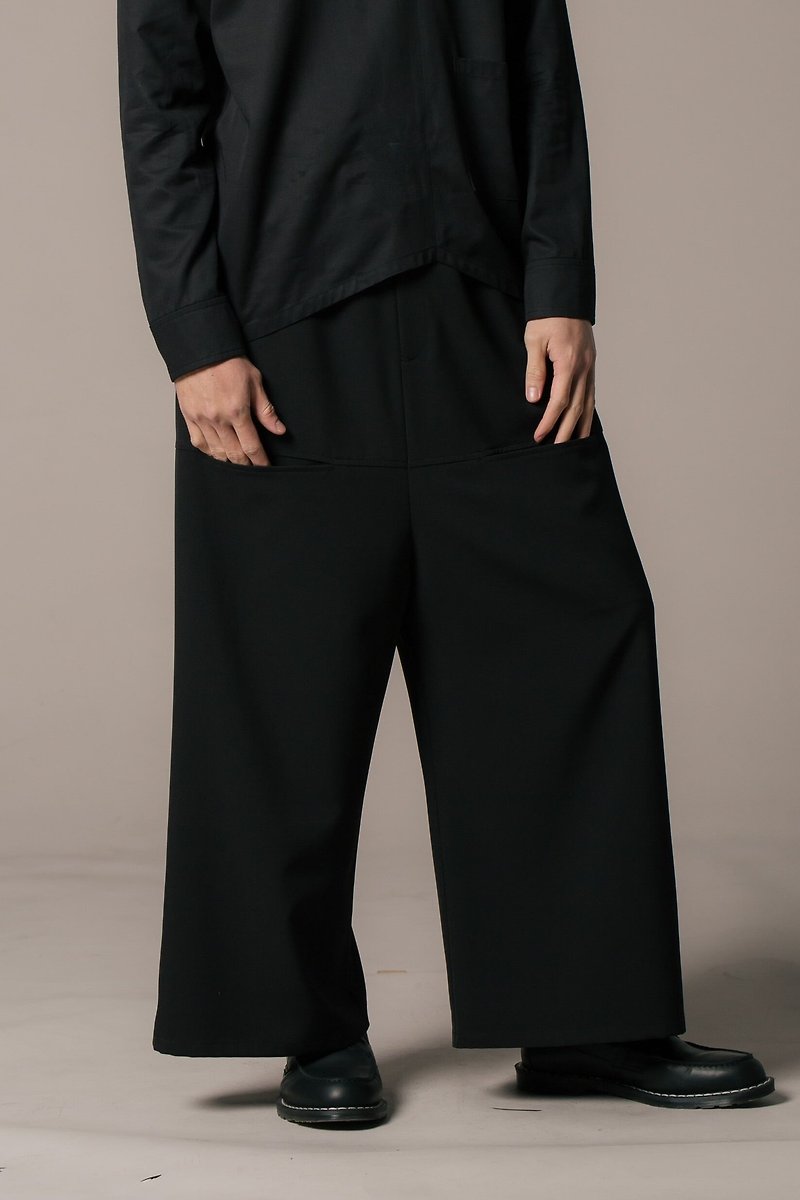 8 lie down_ low pocket wide pants - กางเกงขายาว - วัสดุอื่นๆ สีดำ