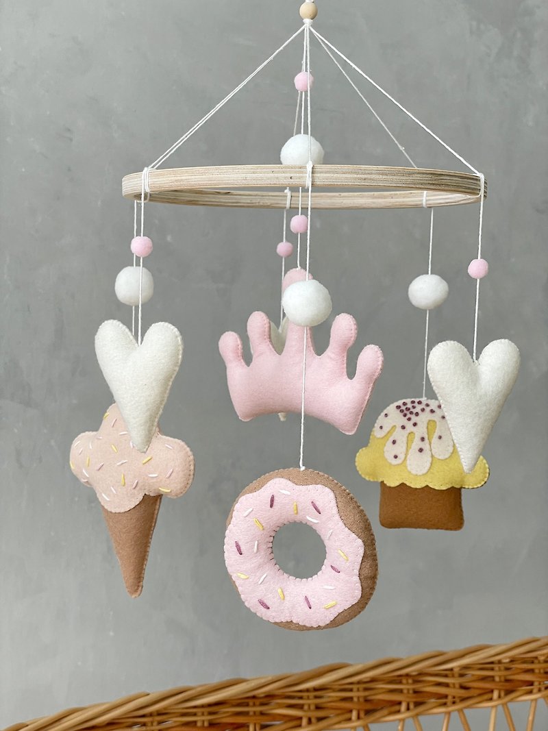Sweet baby girl mobile, Donut ice cream cup cake mobile, Felt crib mobile girl - Kids' Toys - Eco-Friendly Materials Pink