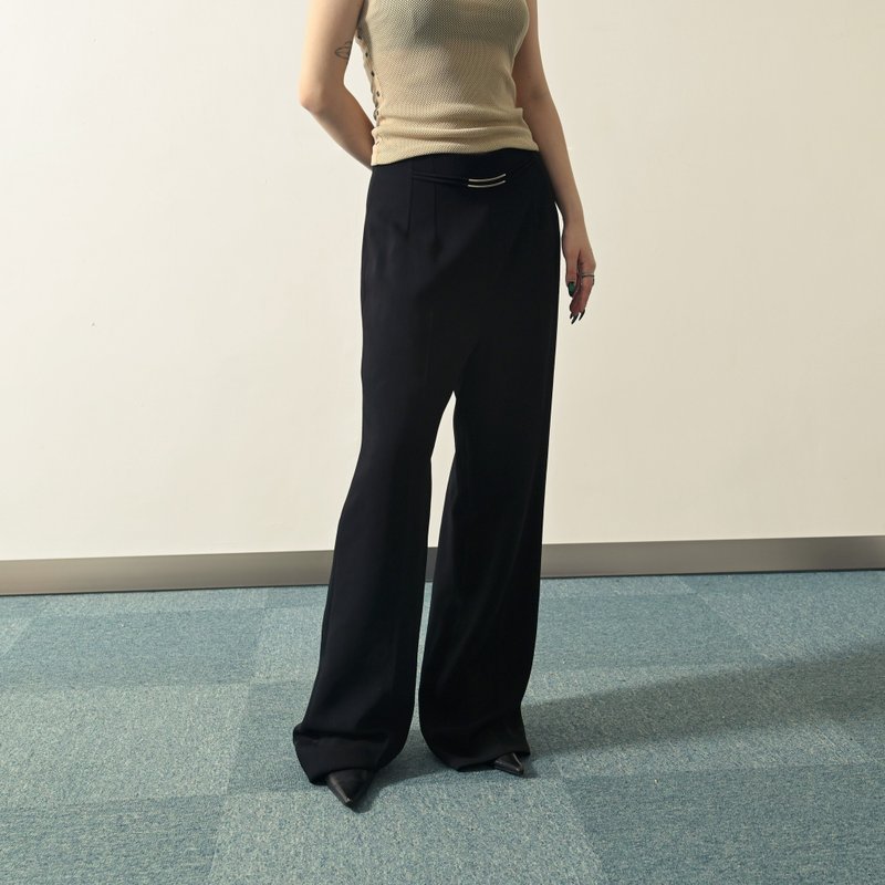 【NaSuBi Vintage】金屬釦飾打褶古著長褲 - 女長褲 - 其他人造纖維 黑色