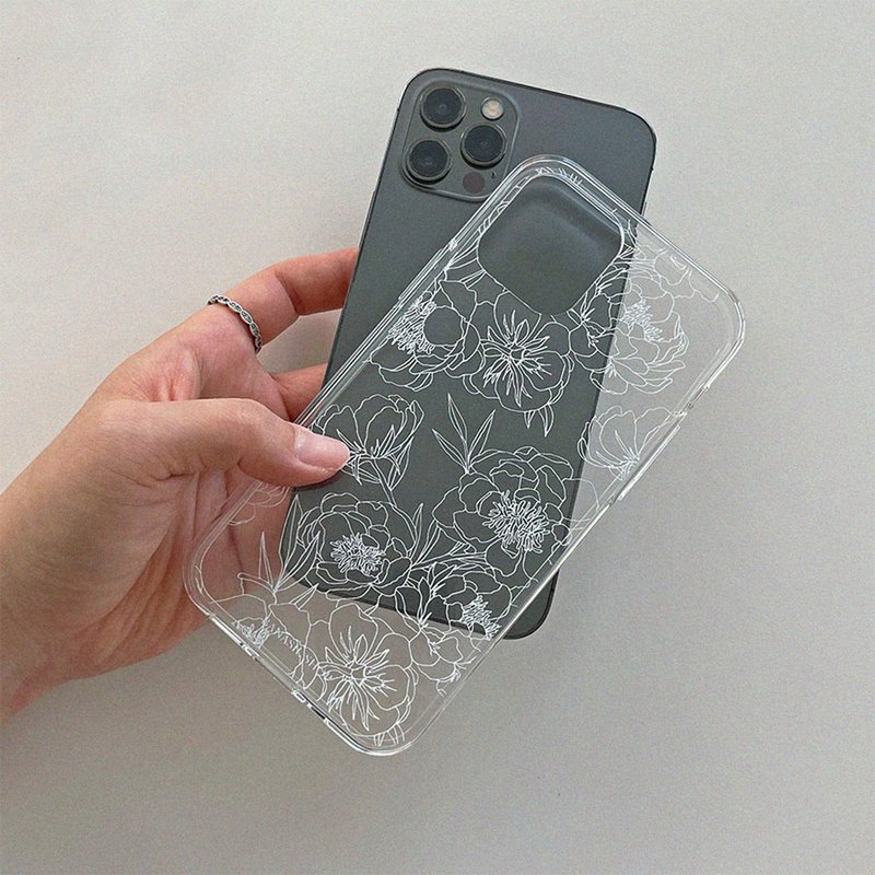 White Floral Drawing_Jelly Hard Phone Case_MagSafe - 手機殼/手機套 - 其他材質 白色