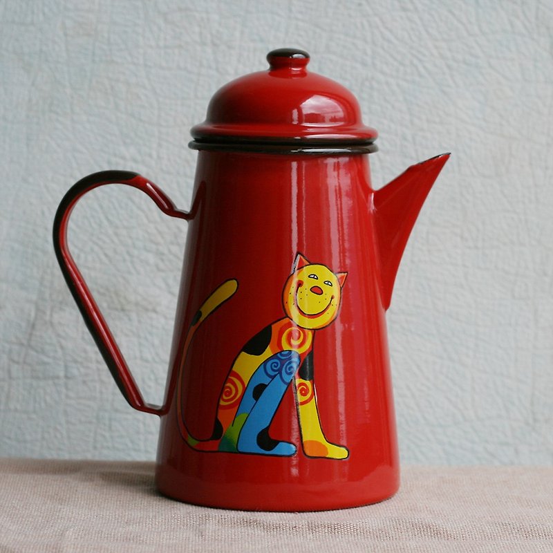 Smaltum布拉格 琺瑯咖啡壺 喵咪好朋友-黃臉 茄紅 (FDN000535) - 咖啡壺/咖啡周邊 - 琺瑯 紅色