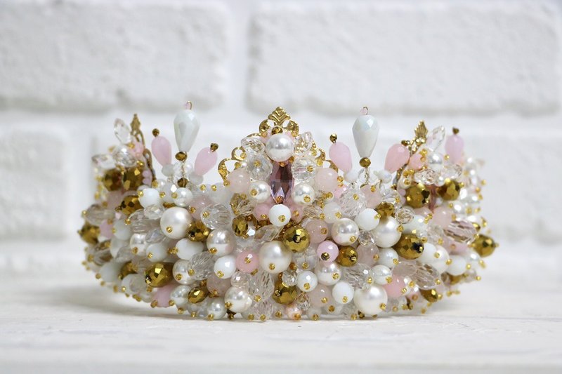 Pink crown Beaded bridal tiara Rose gold royal diadem Wedding handmade crown - Hair Accessories - Glass Pink