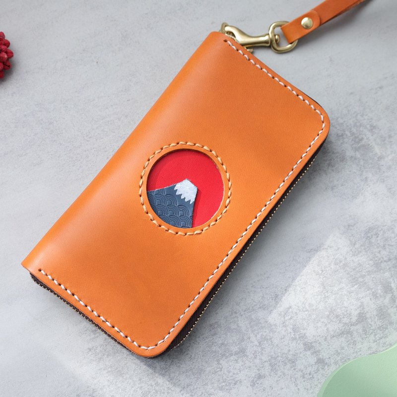 Mount Fuji Ladies Handmade Genuine Leather Zipper Long Wallet Clutch - Wallets - Genuine Leather Orange