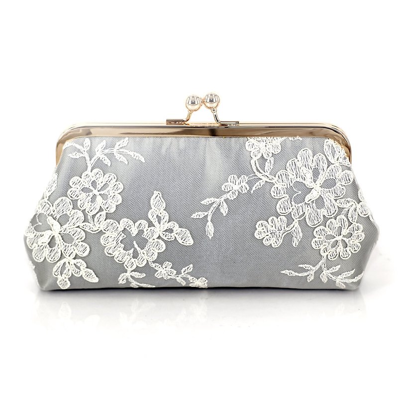 Silver Grey Satin Floral Alencon Lace Bridal Bridesmaids Clutch 8-inches - กระเป๋าคลัทช์ - วัสดุอื่นๆ สีเงิน