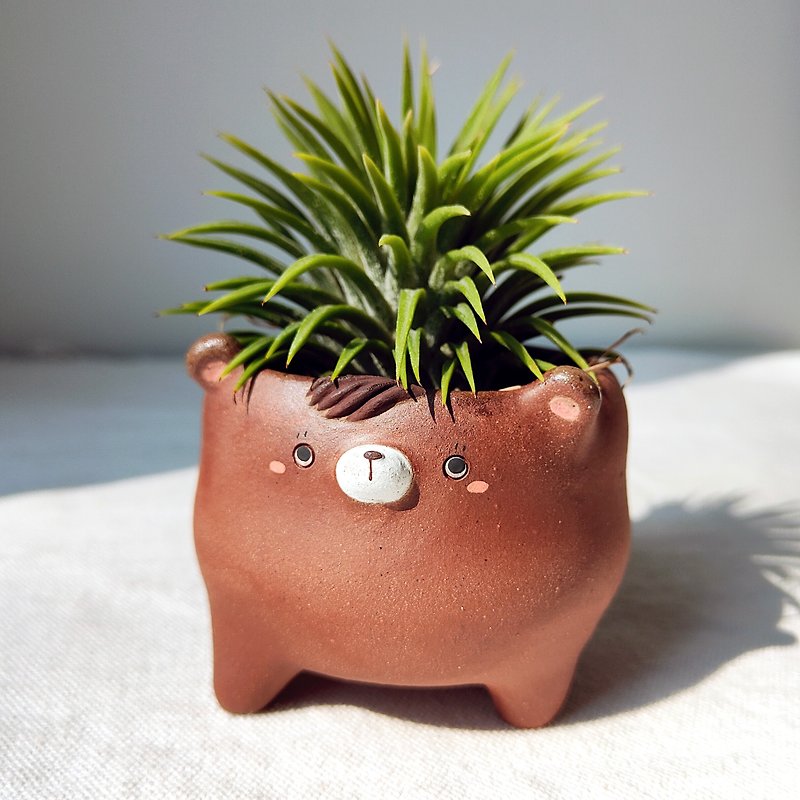 Little brown bear planter. Handmade terracotta 花盆 - 花瓶/花器 - 陶 