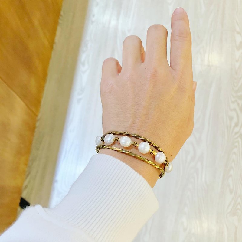 銅手作手環_天然珍珠雙排開口活動式黃銅手環_限量發售 - 手鍊/手鐲 - 珍珠 白色