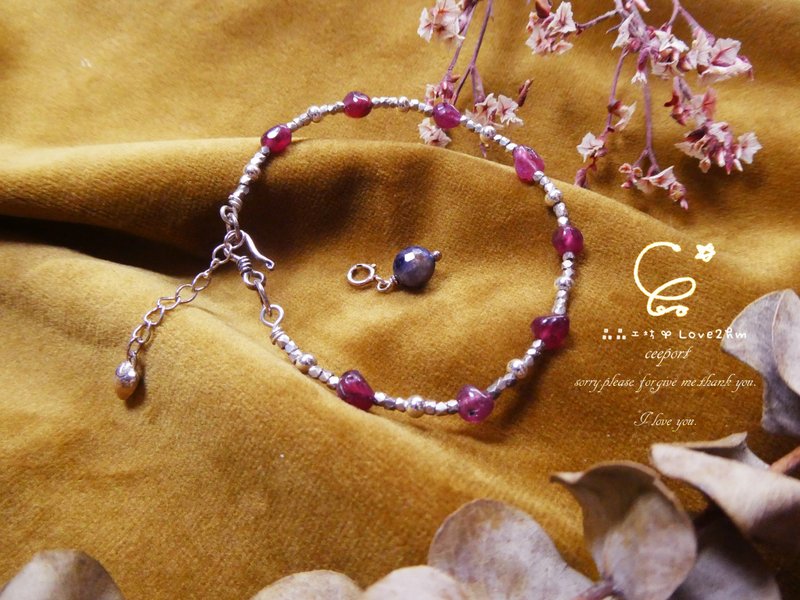 Jingjing Workshop *Love2hm [波红]-Ruby raw ore Silver design half bangle bracelet - Bracelets - Gemstone Red