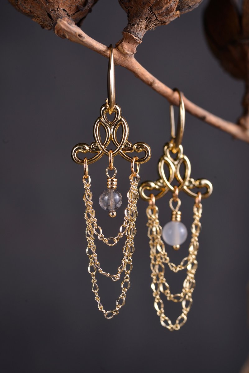 Flower piece heliotrope moonstone 14K drop earrings - ต่างหู - คริสตัล สีทอง